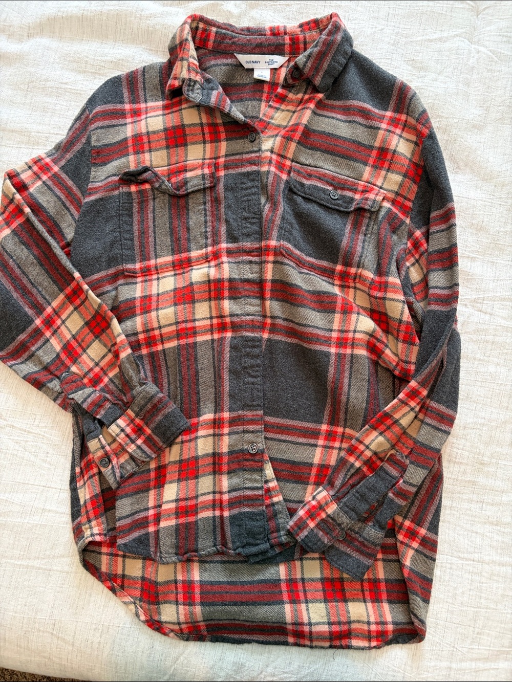 Old Navy Gray, Red & Cream Plaid Button-Down Shirt